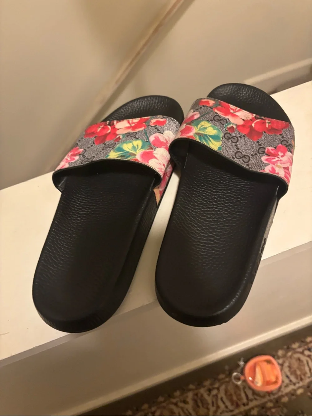 Gucci Black Slide Sandals with Floral Canvas Strap